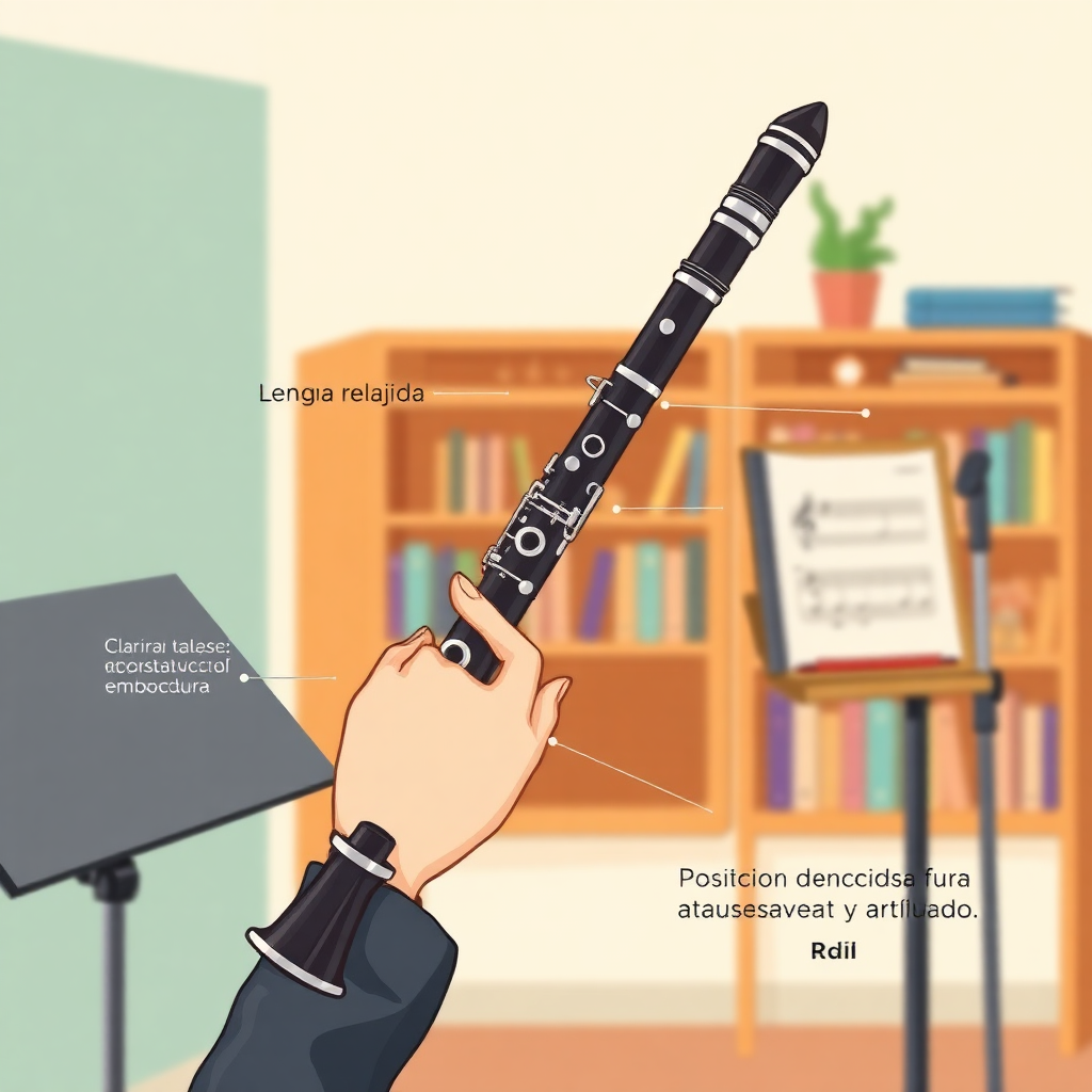 Clarinete: articulación en el clarinete — escena de práctica y técnica (cartoon)