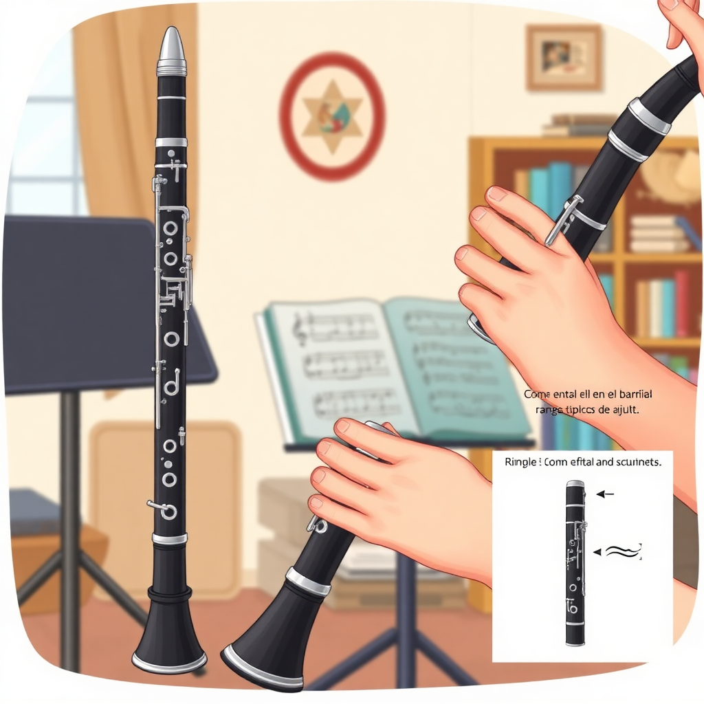 Clarinete: cómo afinar el clarinete — escena de práctica y técnica (cartoon)