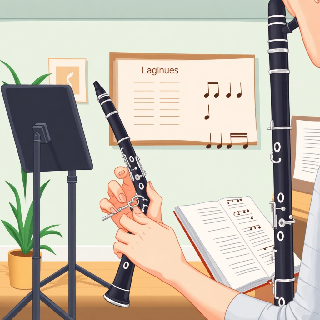 Clarinete: cómo estudiar clarinete — escena de práctica y técnica (cartoon)