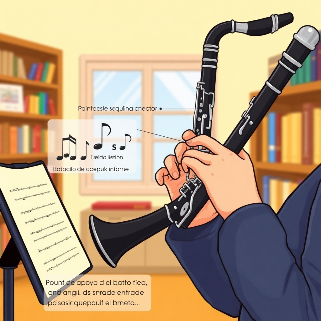 Clarinete: cómo mejorar el sonido en el clarinete — escena de práctica y técnica (cartoon)