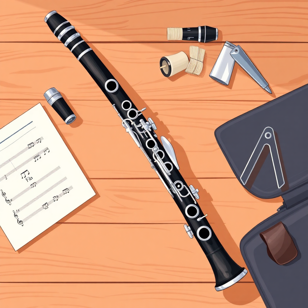 Clarinete: escalas para clarinete — accesorios y mantenimiento (cartoon)