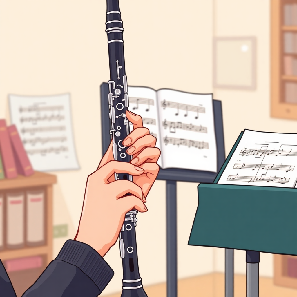 Clarinete: lectura a primera vista clarinete — escena de práctica y técnica (cartoon)