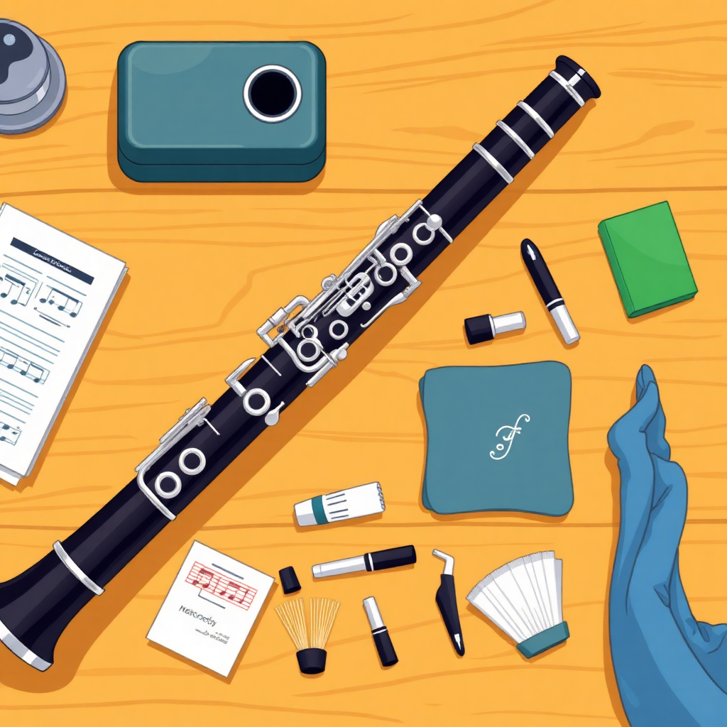 Clarinete: lectura a primera vista clarinete — accesorios y mantenimiento (cartoon)