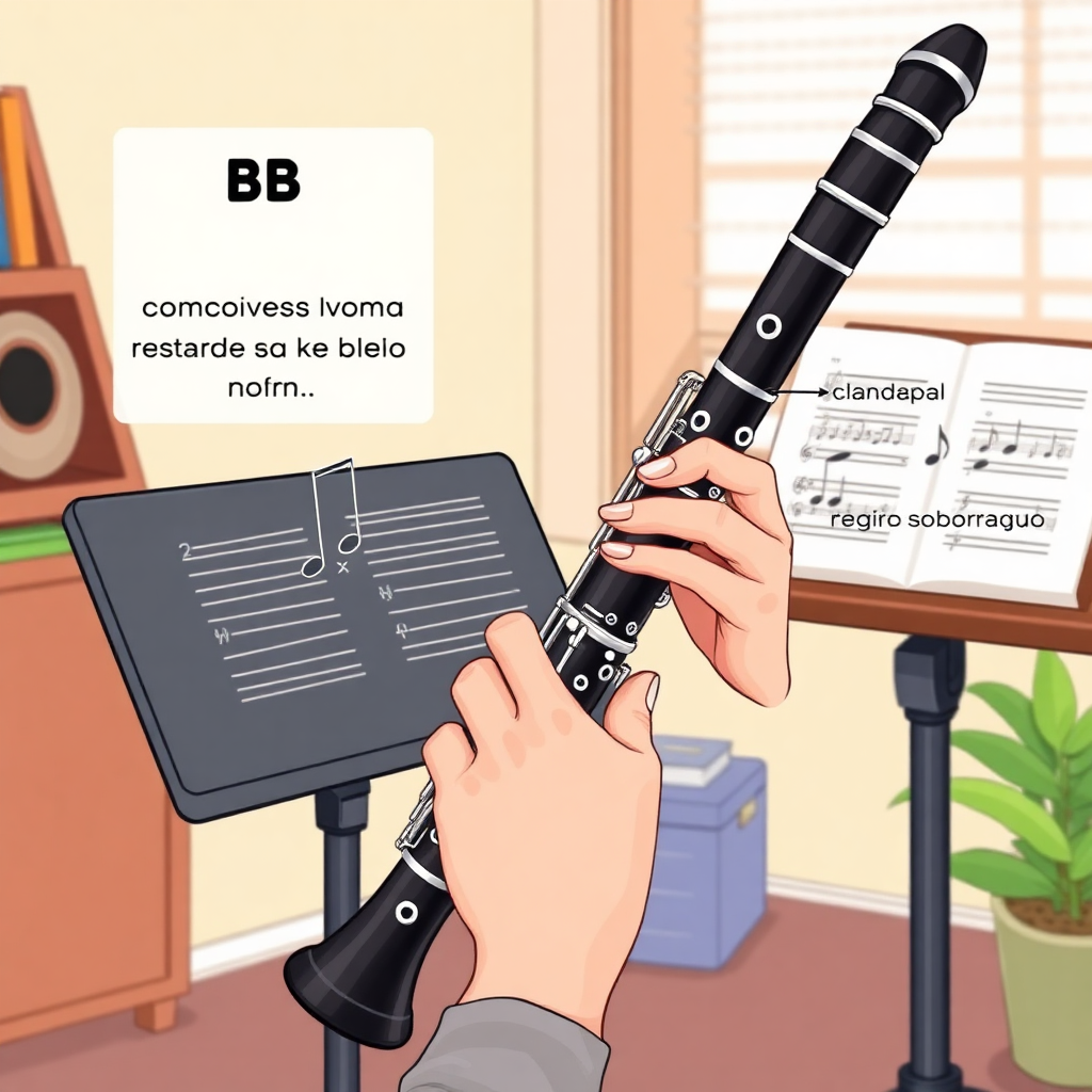 Clarinete: registro sobreagudo clarinete ejercicios — escena de práctica y técnica (cartoon)
