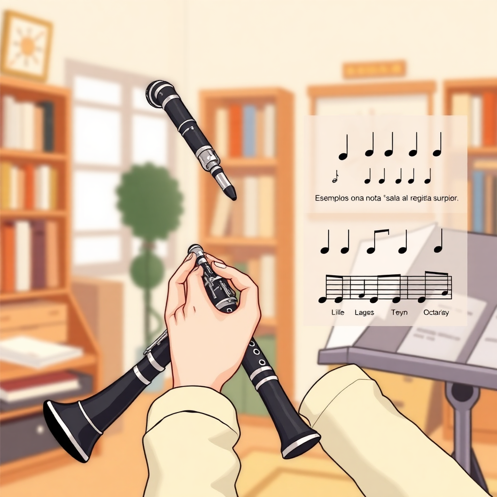 Clarinete: registros del clarinete — escena de práctica y técnica (cartoon)