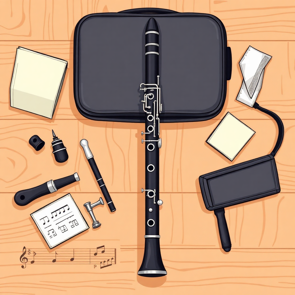 Clarinete: registros del clarinete — accesorios y mantenimiento (cartoon)