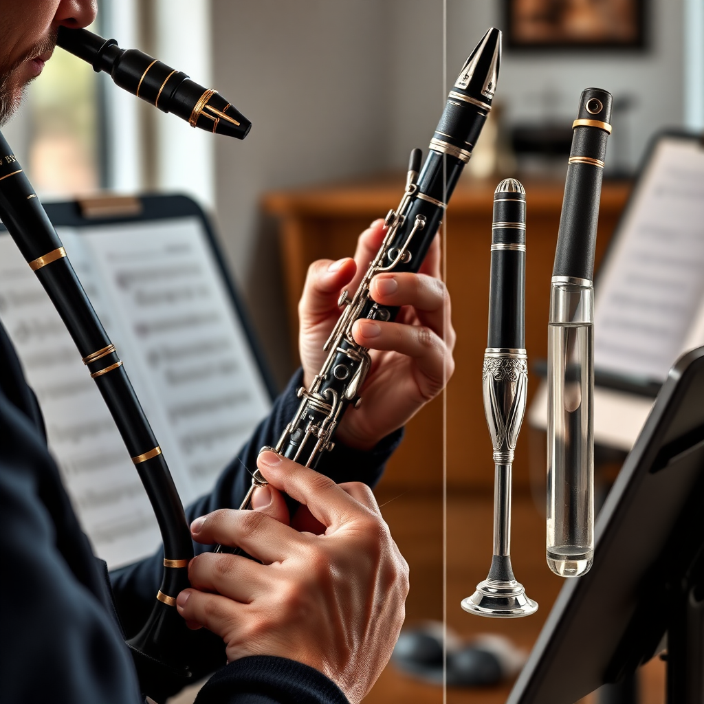 Clarinete: boquilla de ebonita vs cristal clarinete — foto realista del clarinete